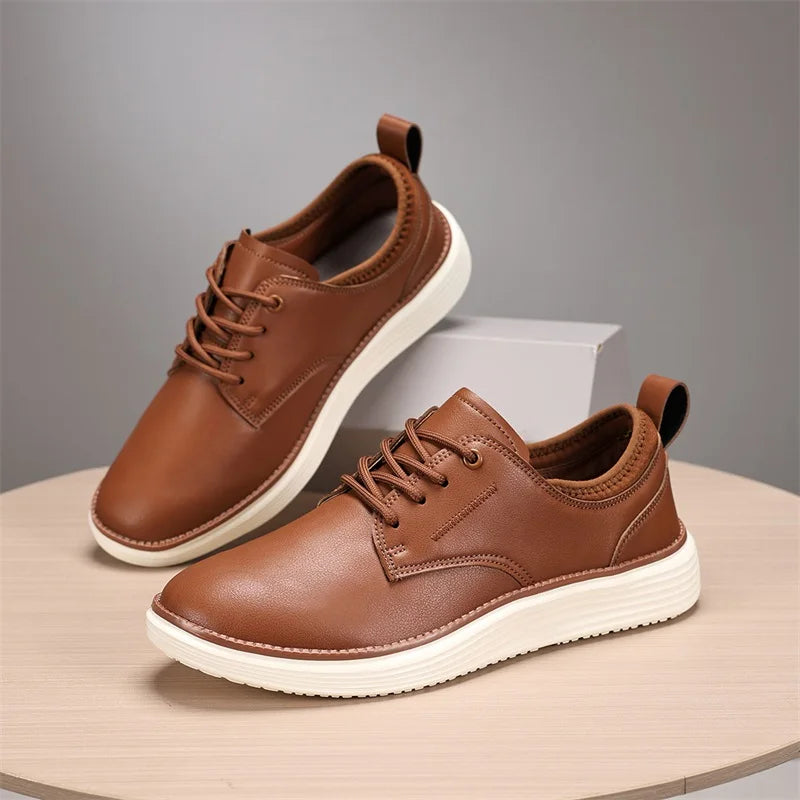 Men's brown leather lace-up casual shoes with white sole and cushioned comfort insole