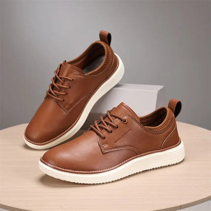 Men's brown leather lace-up casual shoes with white sole and cushioned comfort insole