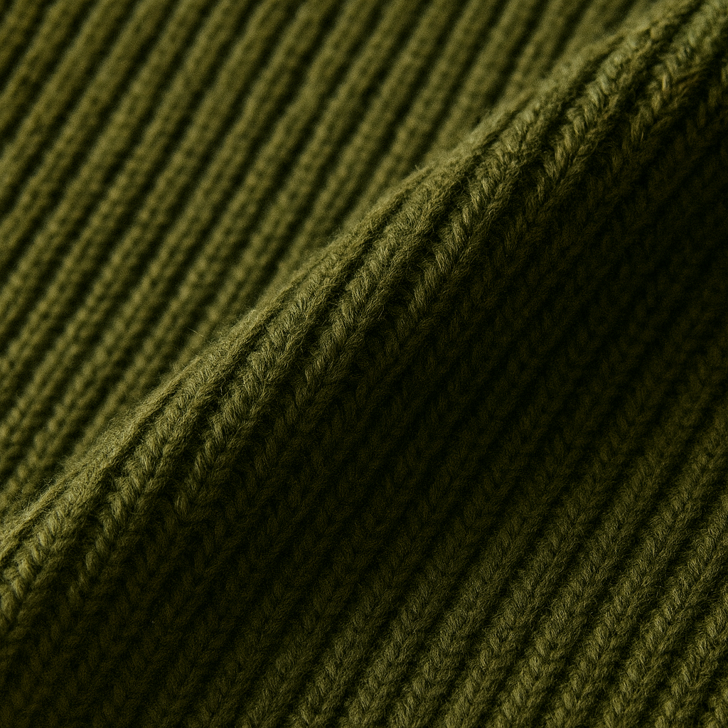 Close-up of olive green ribbed wool knit fabric showing texture detail and seam of men's quarter-zip sweater