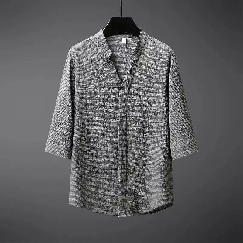 Gray textured cotton linen men's shirt with mandarin collar, three-quarter sleeves, and button front closure