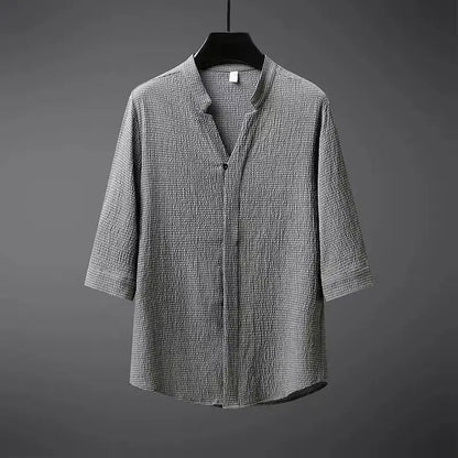 Gray textured cotton linen men's shirt with mandarin collar, three-quarter sleeves, and button front closure