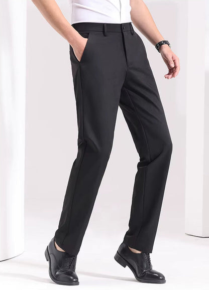 Men's black Viero slim-fit cotton dress trousers with side pockets, worn with black oxford shoes and white shirt.