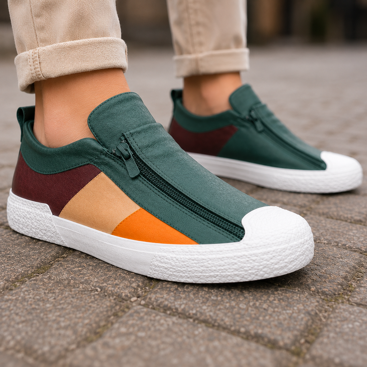 Women's leather slip-on sneakers with zipper closure in green, burgundy, and orange colorblock design on white sole.