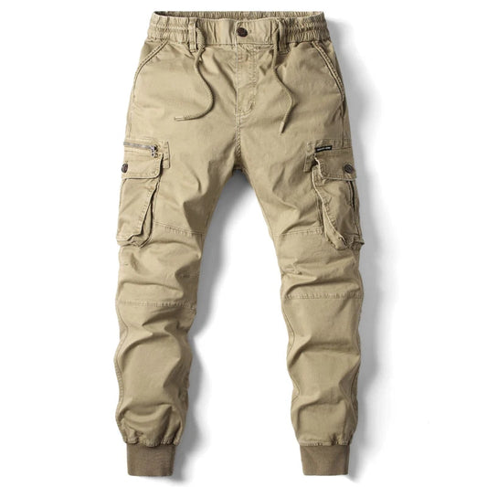 Men's khaki slim-fit cargo joggers with multiple pockets and elastic cuffs on white background