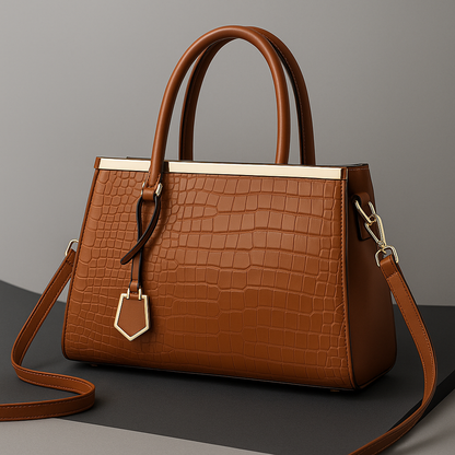 Women's brown croc-embossed structured leather handbag with gold hardware, top handles, and removable crossbody strap.
