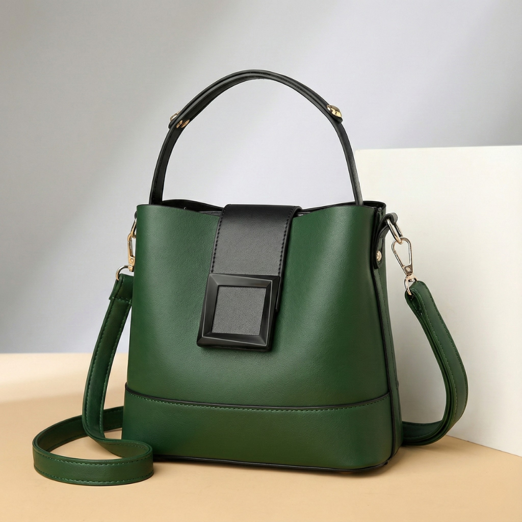 Green leather bucket handbag with black accents, top handle, adjustable shoulder strap and gold hardware for women