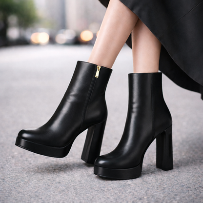 Black Italian leather women's ankle boots with chunky block heel, platform sole, and gold side zipper closure.