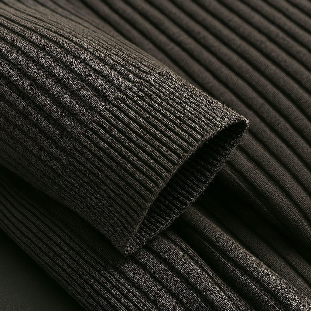 Close-up of dark olive ribbed knit fabric texture showing vertical rib pattern on men's quarter-zip sweater