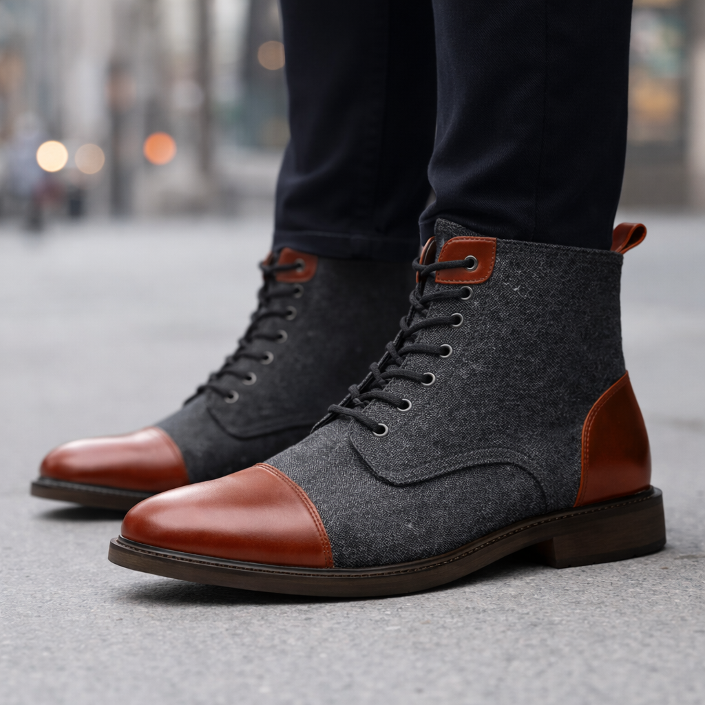 Men's lace-up ankle boots featuring gray tweed upper with cognac leather cap toe and heel accent, worn with dark trousers.