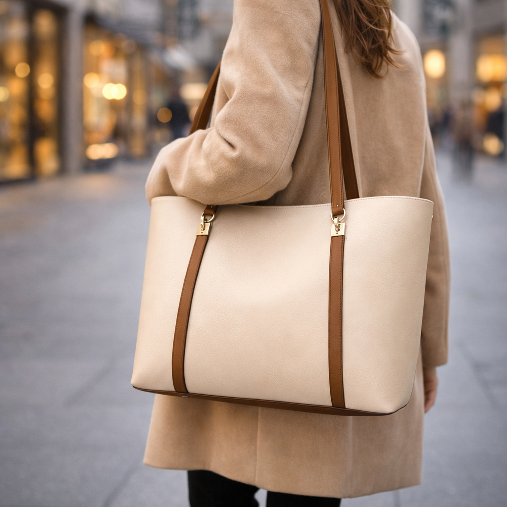 Women's cream leather tote bag with brown straps and gold hardware, carried by woman in beige coat on city street.