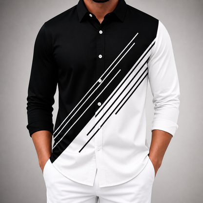 Men's black and white color block button-up shirt with diagonal stripes, long sleeves, slim fit design.