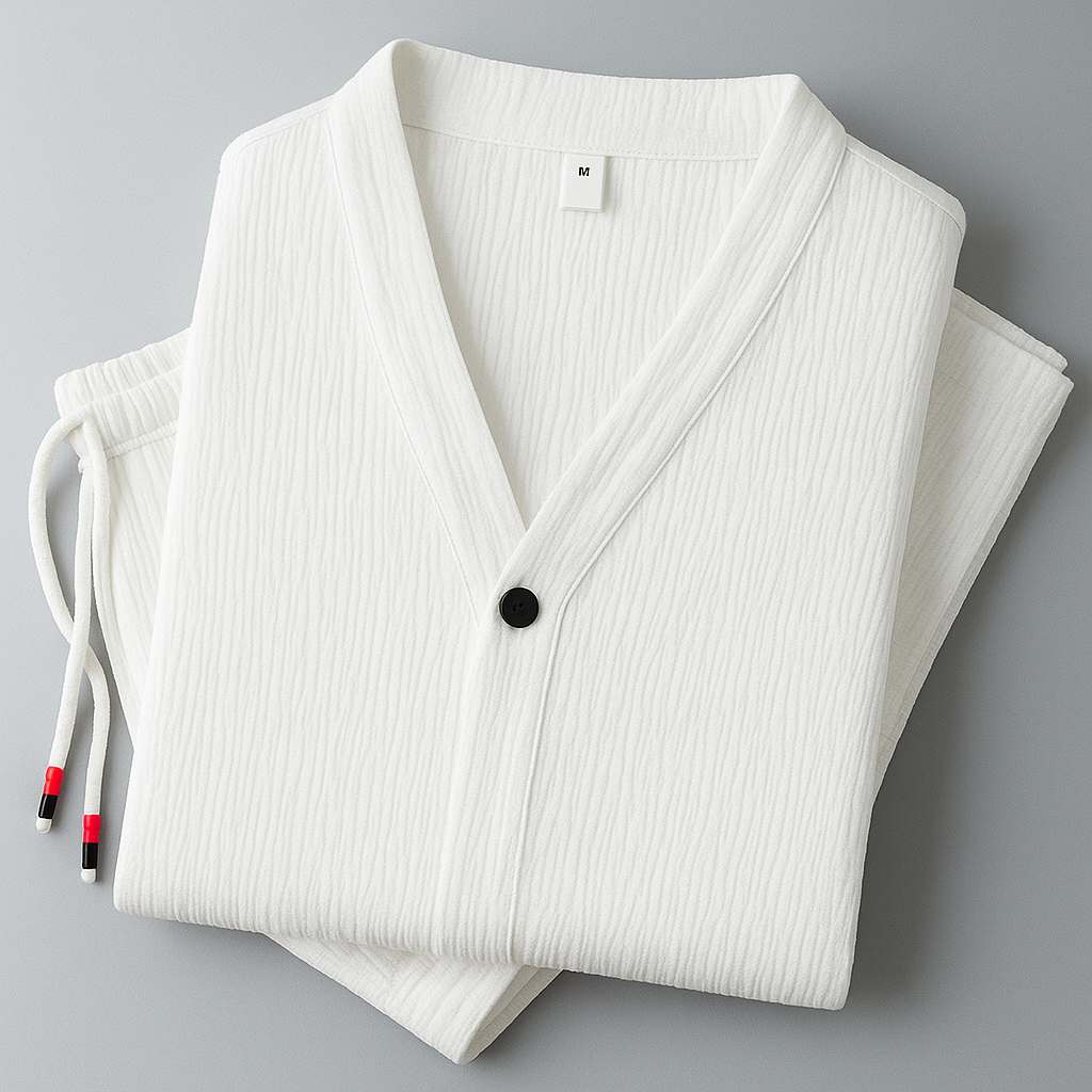 Folded white textured cotton linen men's pajama set with V-neck top, black button, and drawstring pants, size M