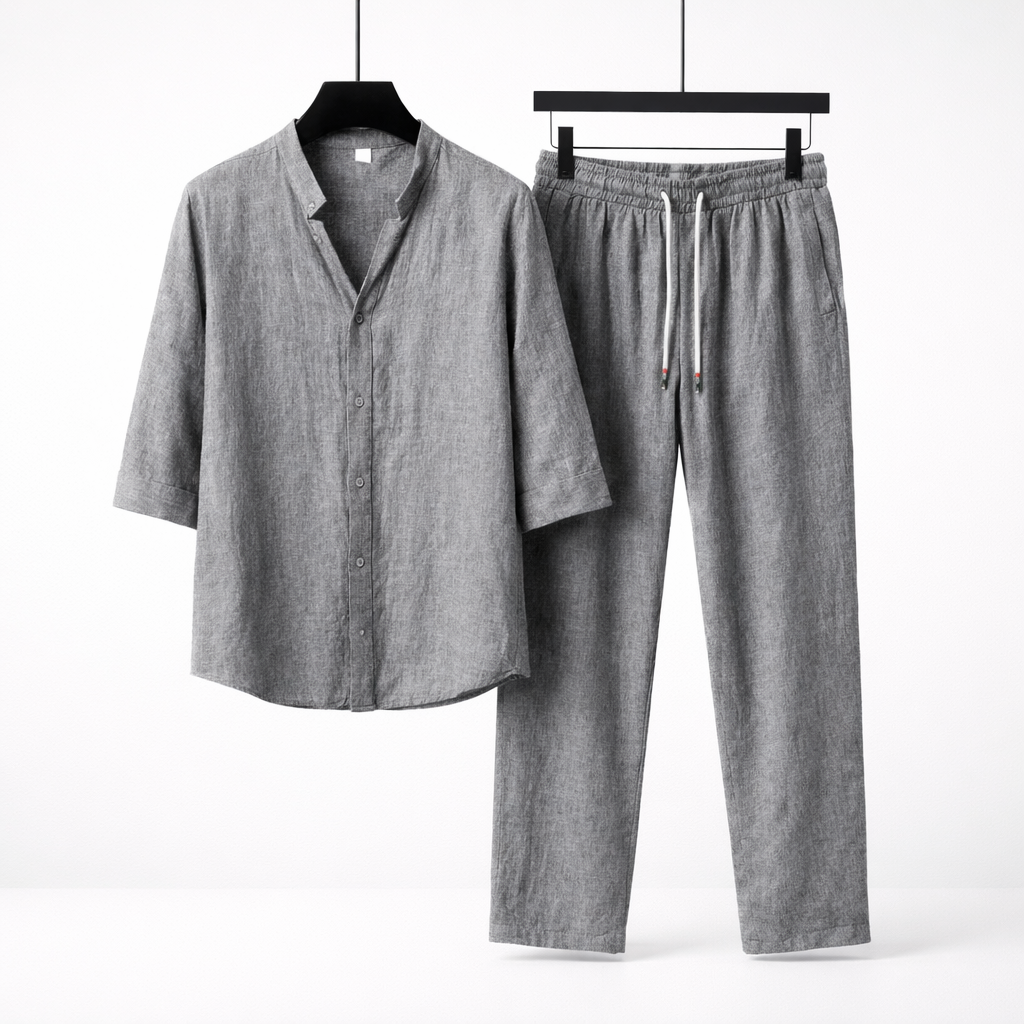 Gray textured cotton linen men's set with half-sleeve button shirt and drawstring pants with rose embroidery detail