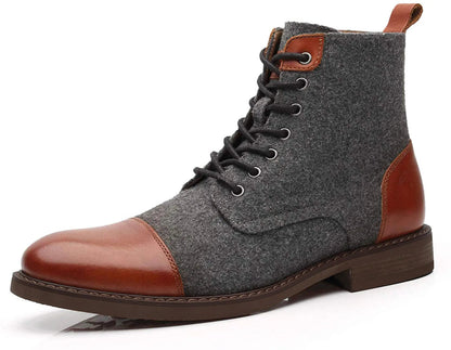 Men's lace-up ankle boots featuring gray wool upper, brown leather cap toe, heel counter, and dark laces with metal eyelets.