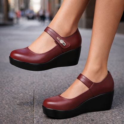 Burgundy leather Mary Jane platform wedge shoes with ankle strap and silver buckle detail on cobblestone street