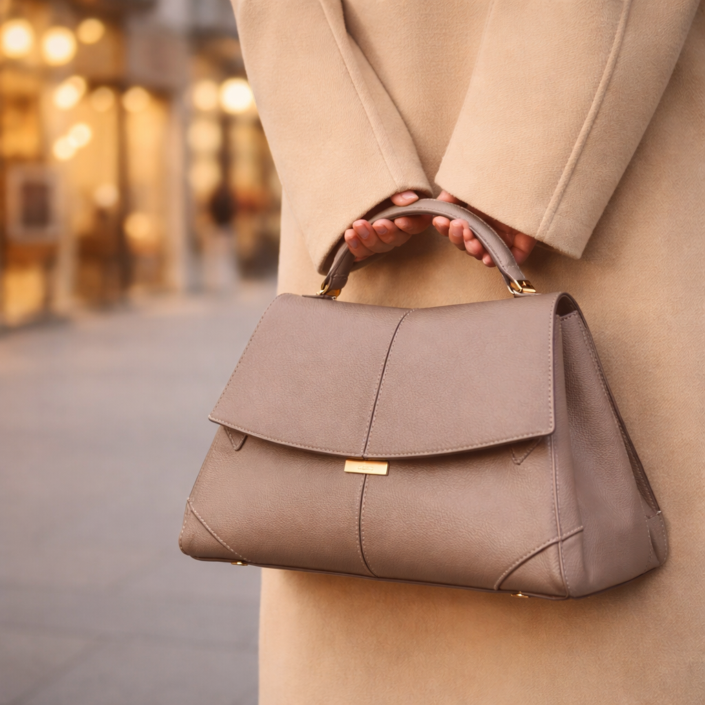 Taupe structured leather top handle handbag with gold hardware, held by woman in beige coat on city street.