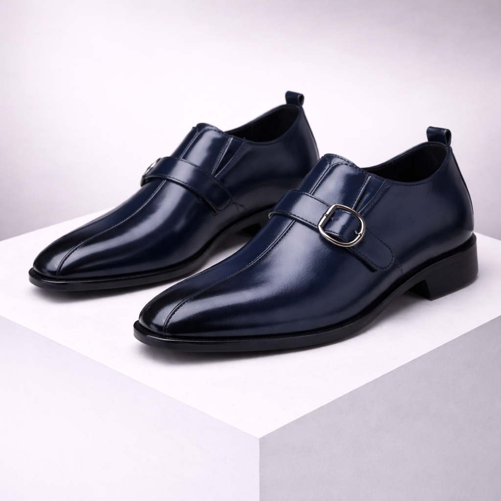 Navy blue men's single monk strap leather dress shoes with silver buckle and pointed toe on white display block.