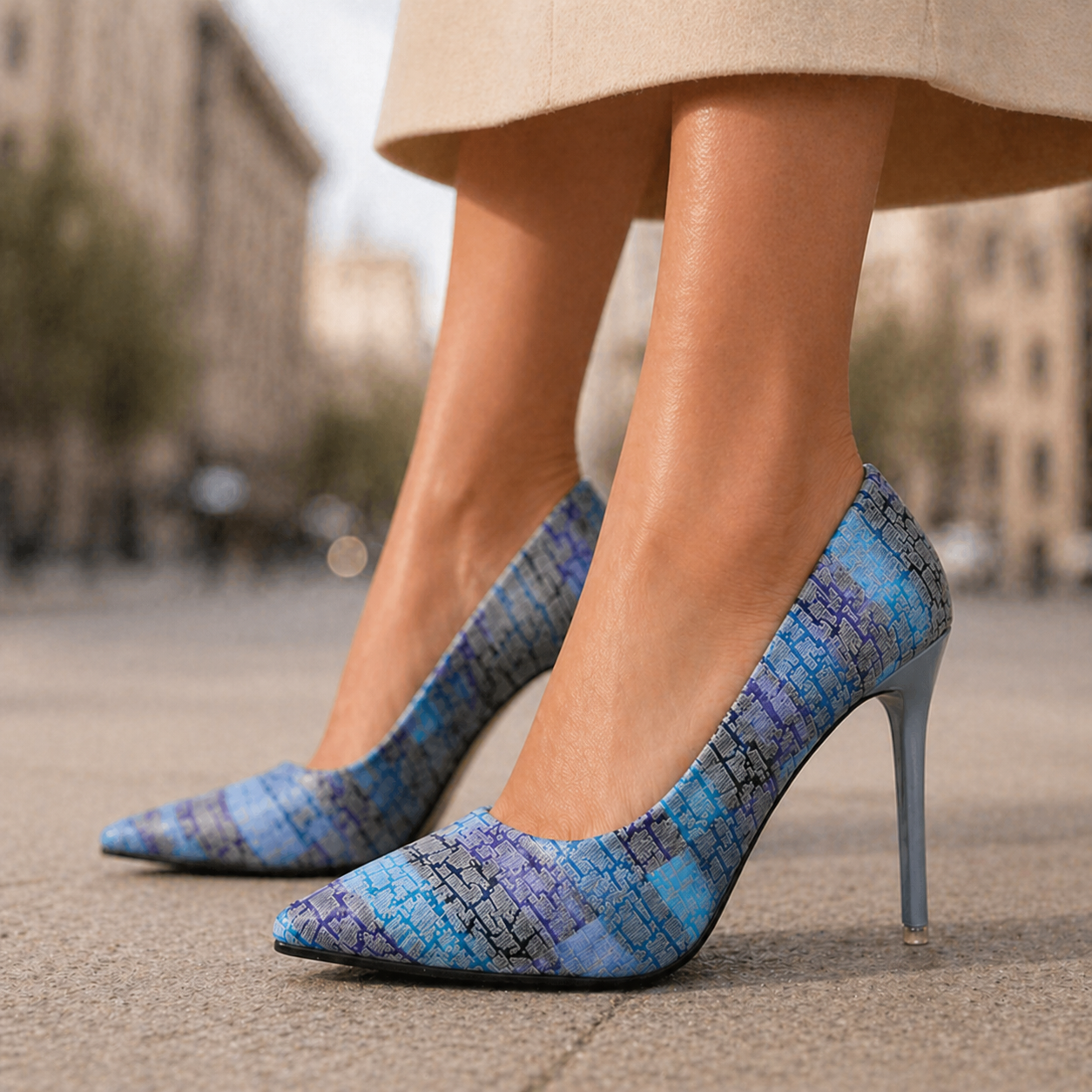Women's blue patterned genuine leather pointed-toe stiletto heels worn on city street with beige skirt