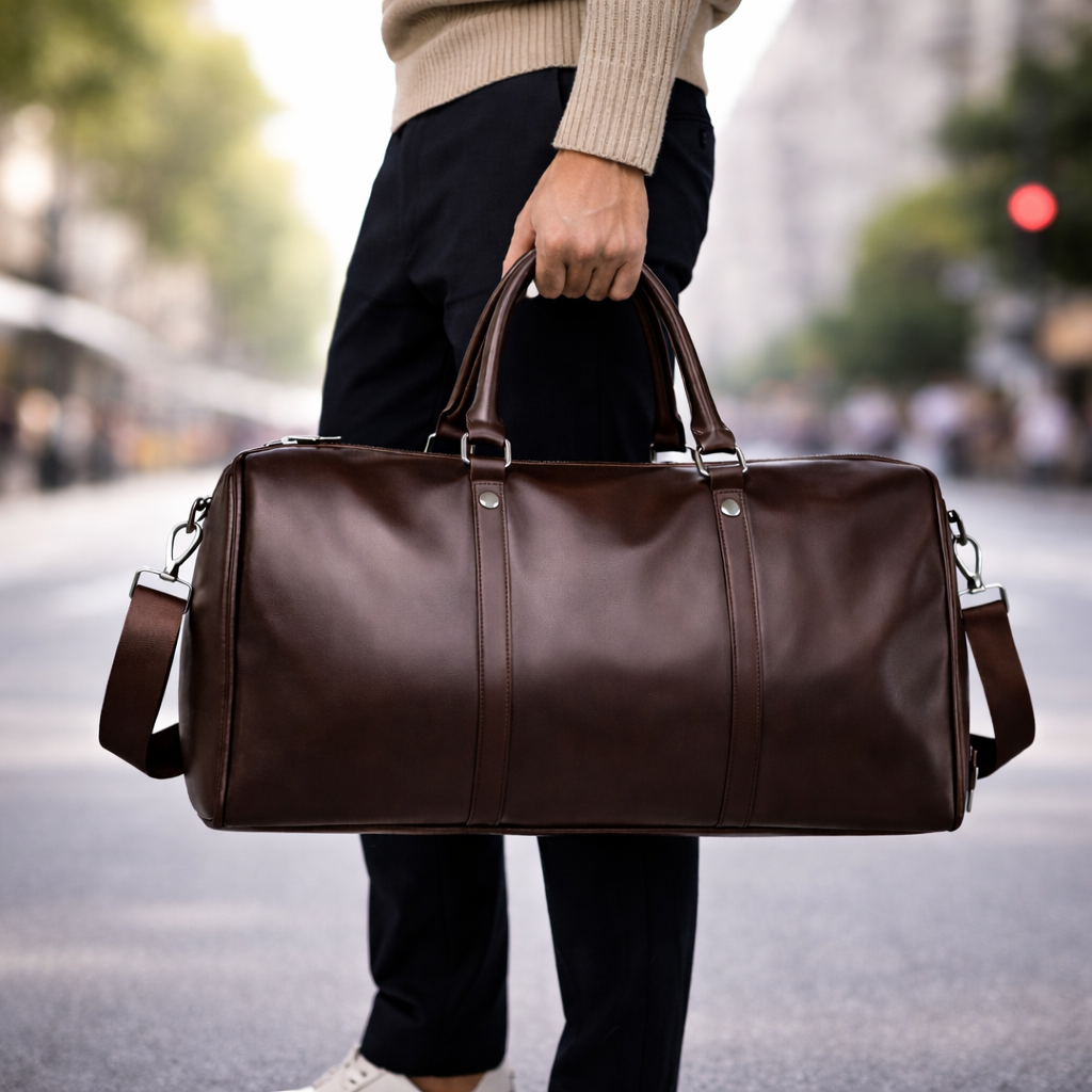 Dark brown full-grain leather men's duffle bag with top handles and shoulder strap, held by a man on a city street.