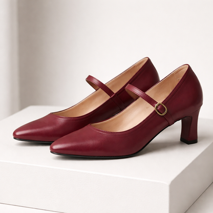 Burgundy leather Mary Jane block heel pumps with ankle strap and gold buckle for women