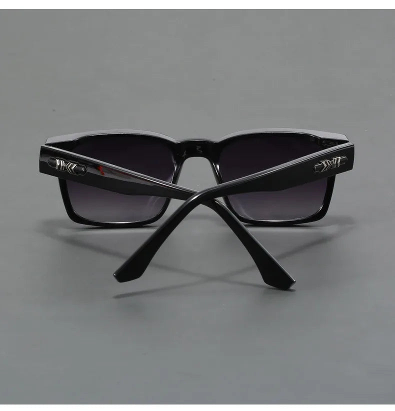 Black square frame UV400 sunglasses for men with gradient lenses and silver hardware accents, rear view