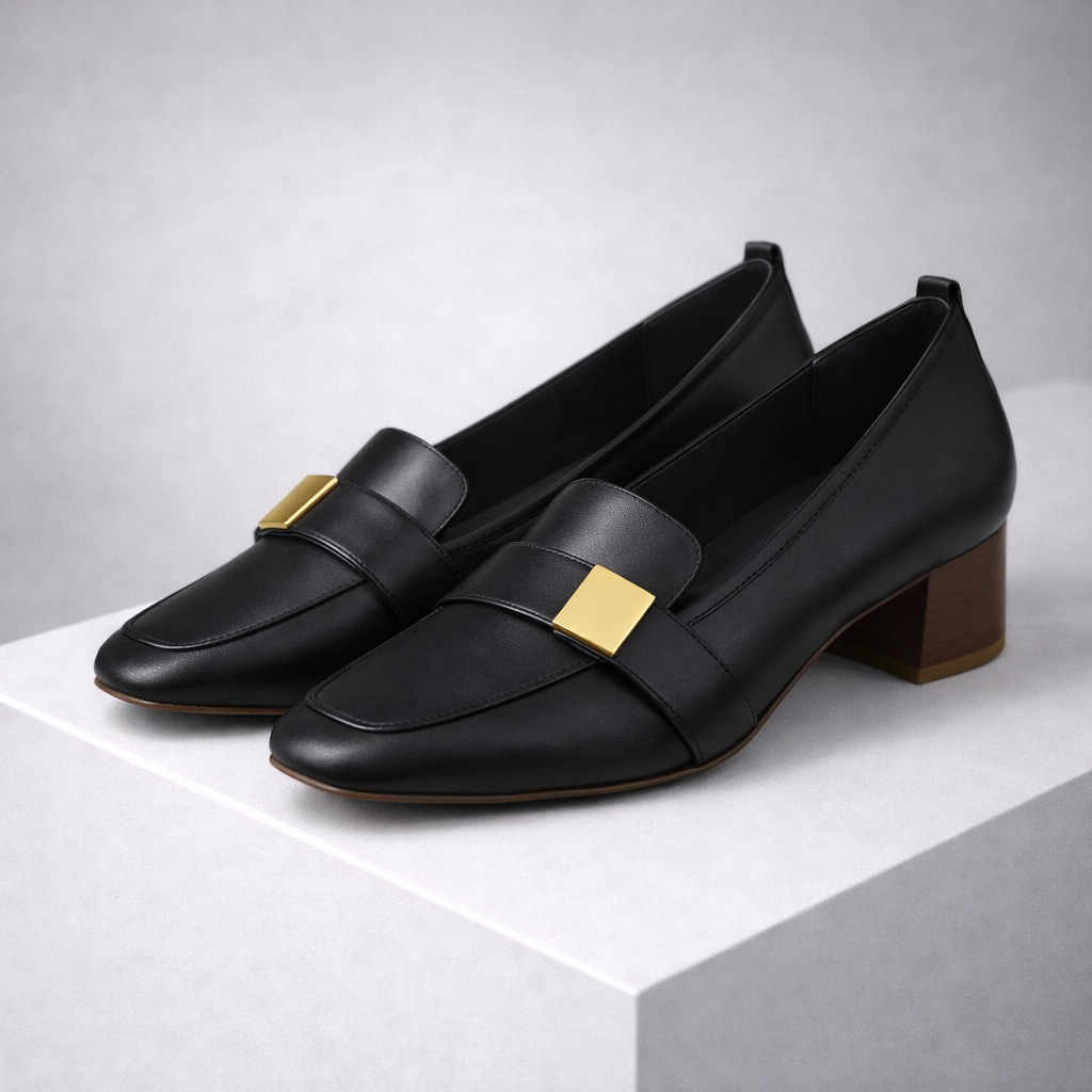 Black leather block heel loafers with gold square hardware detail, featuring a square toe and low stacked heel on white surface.