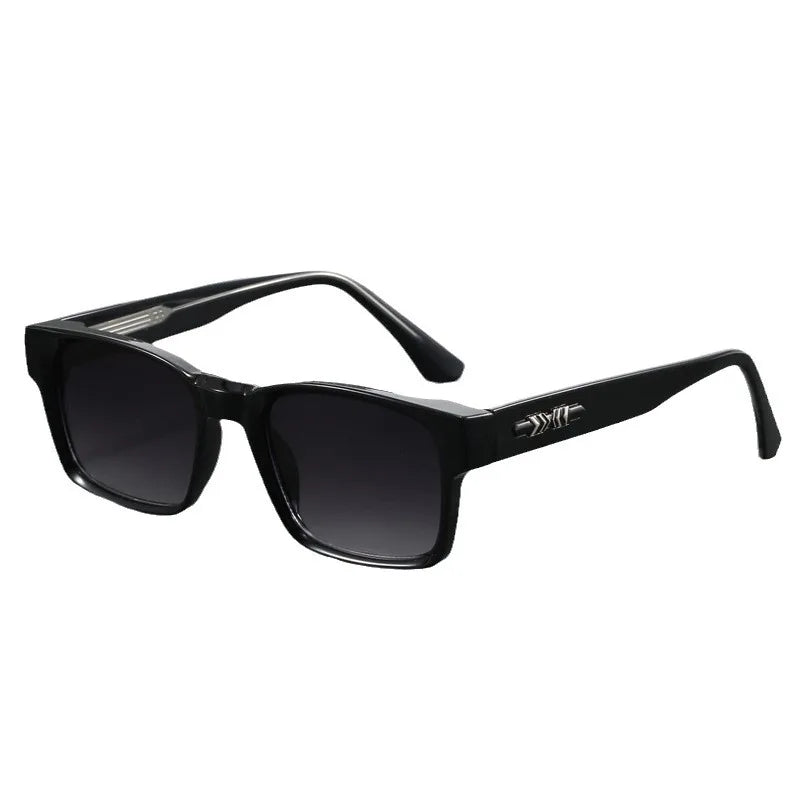 Black square frame UV400 sunglasses for men with gradient dark lenses and silver arrow detail on temples