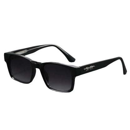 Black square frame UV400 sunglasses for men with gradient dark lenses and silver arrow detail on temples