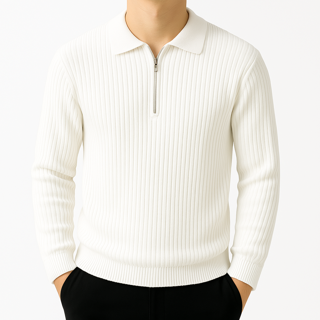 Men's white ribbed quarter-zip sweater with polo collar and long sleeves, paired with black pants.