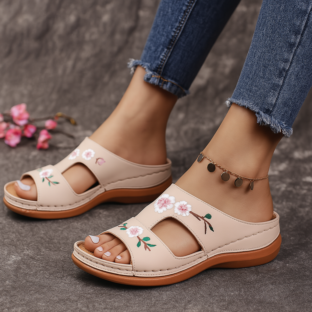 Women's beige platform sandals with floral embroidery, slip-on style, open toe, worn with cropped jeans and ankle bracelet