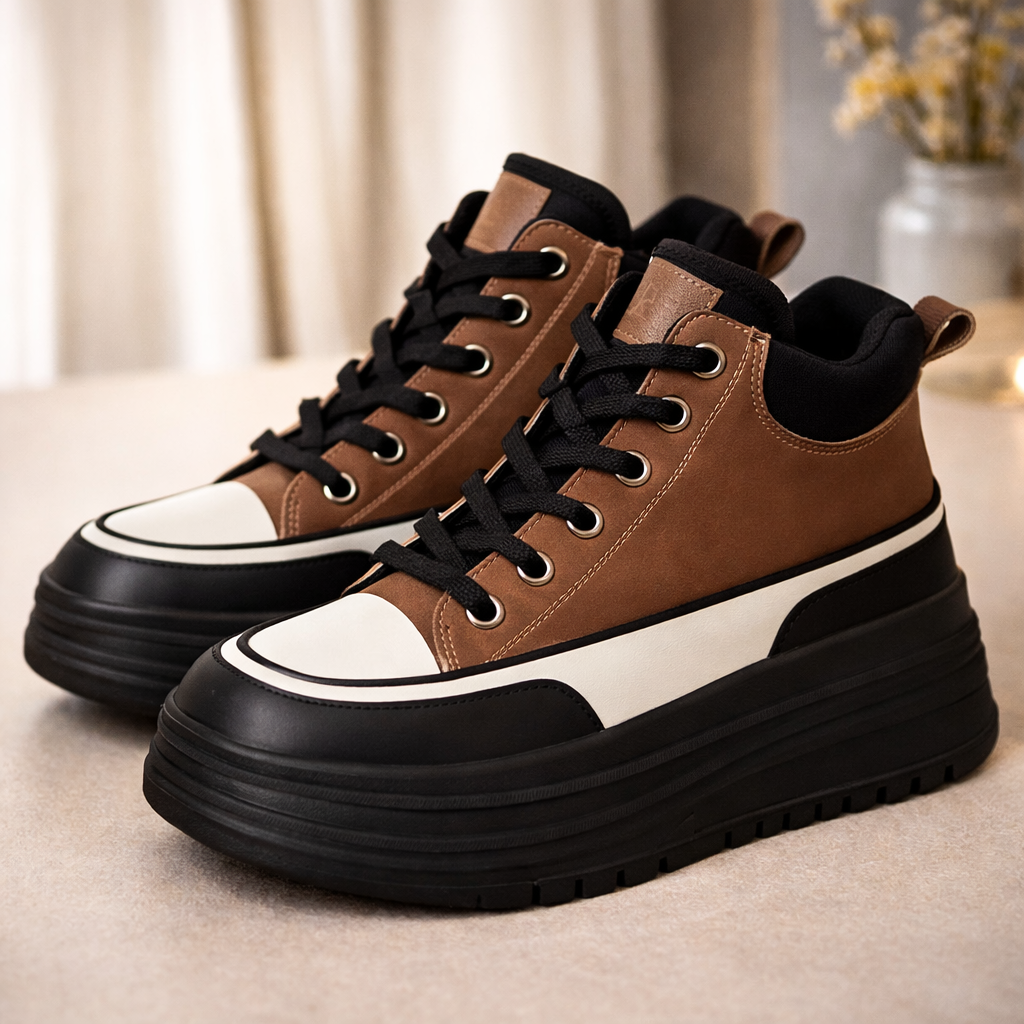 Brown and black platform sneakers with chunky sole, white toe cap, and black laces for women