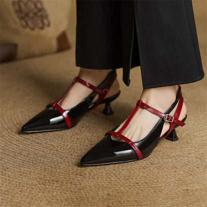 Black pointed-toe kitten heel shoes with red T-strap ankle buckle for women, patent leather slingback pumps
