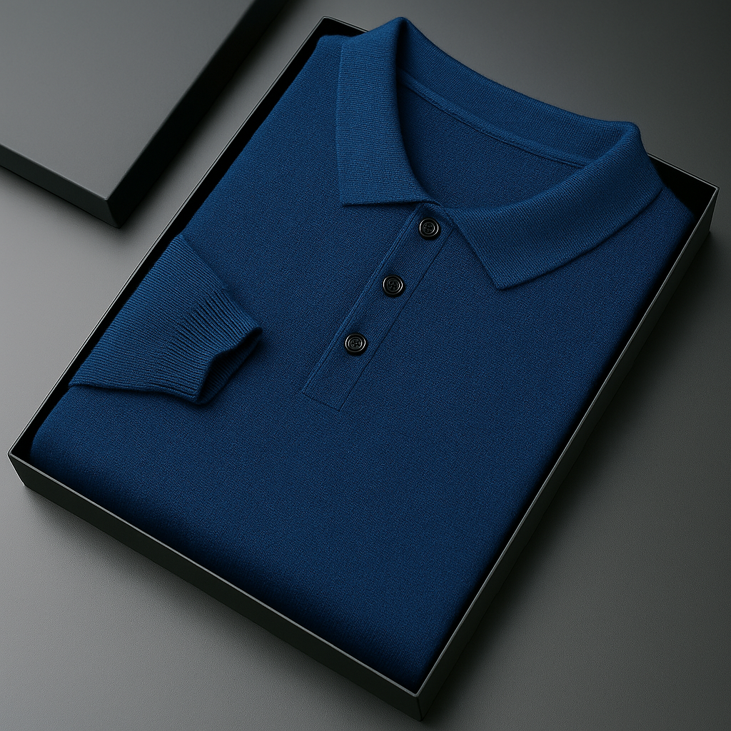 Folded navy blue merino wool long sleeve men's polo sweater with three buttons, displayed in a black gift box.