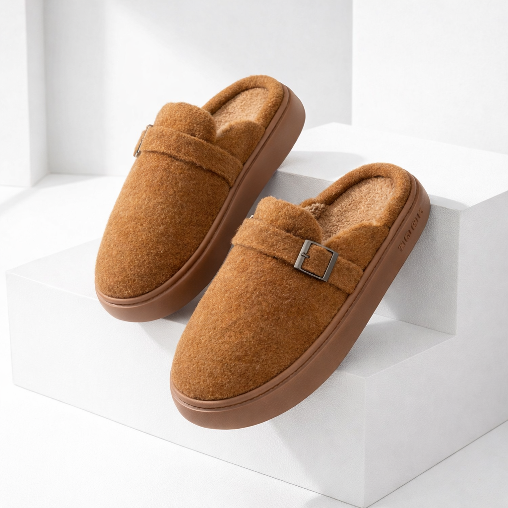 Women's camel brown plush cotton slip-on mule slippers with buckle detail and fuzzy lining on white display stand