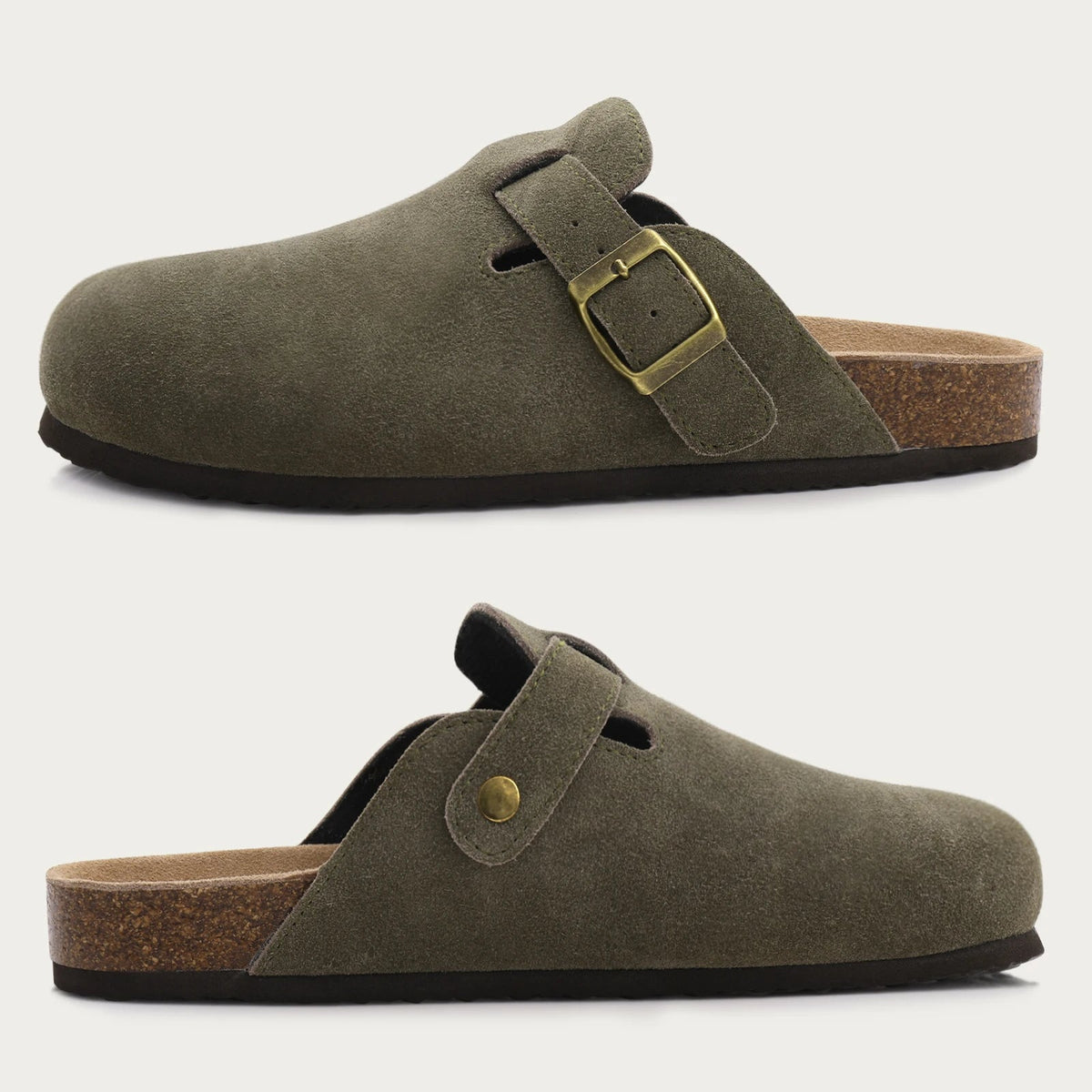Olive green suede slip-on clogs with gold buckle strap and cork footbed, shown from both sides.
