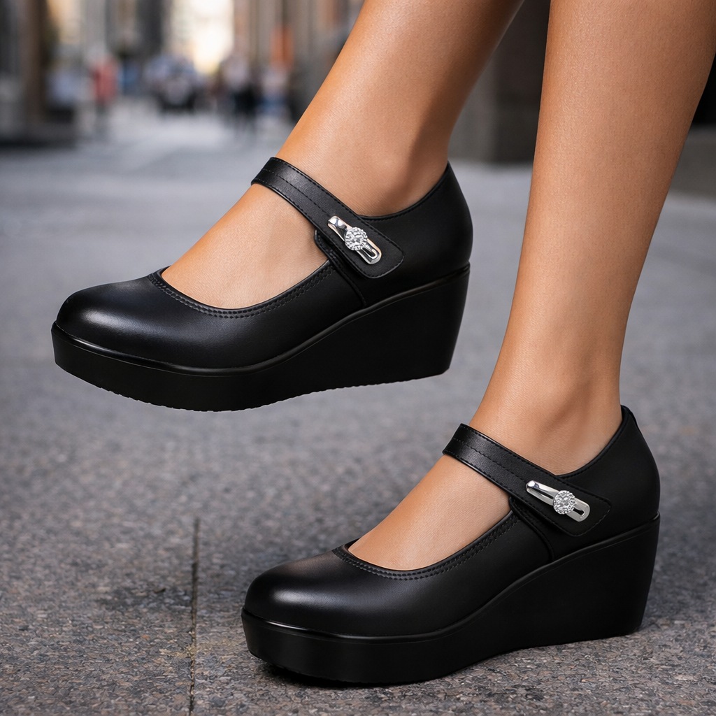 Black leather women's platform wedge Mary Jane shoes with rhinestone clasp strap on cobblestone street