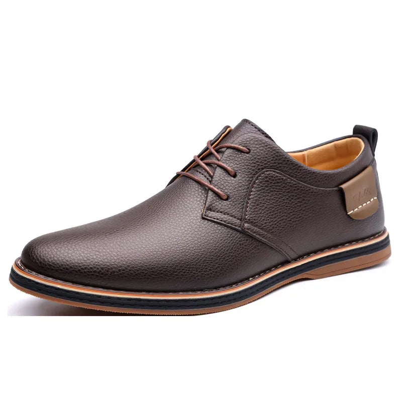 Brown men's leather lace-up Derby shoes with pebbled texture, tan interior lining, and layered rubber sole.