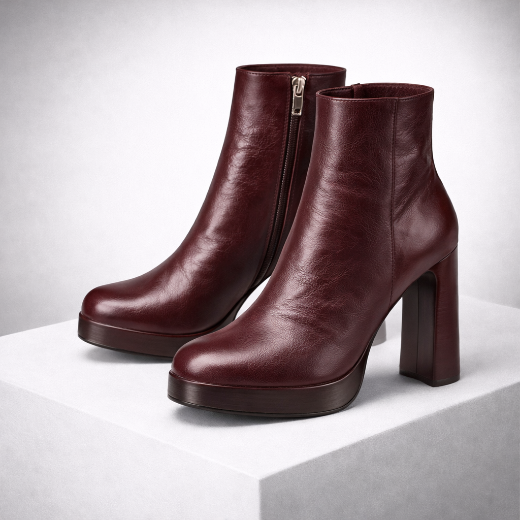 Italian burgundy leather platform ankle boots with chunky block heel and side zipper for women