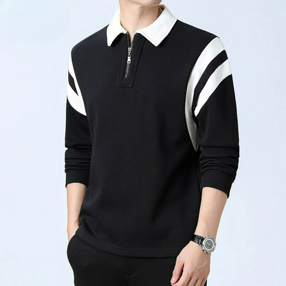 Black men's quarter-zip sweater with white collar and diagonal stripe accents on shoulders, long sleeves, casual style.