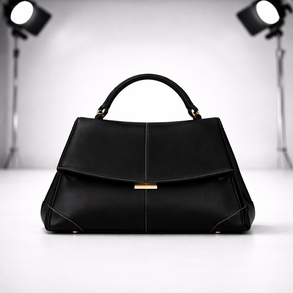 Black structured leather top handle handbag with gold clasp closure, white contrast stitching, and gold-tone feet on white background.