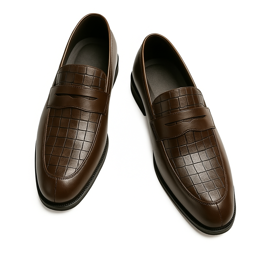 Brown croc-embossed leather penny loafers for men with slip-on design and black sole, shown as a pair.