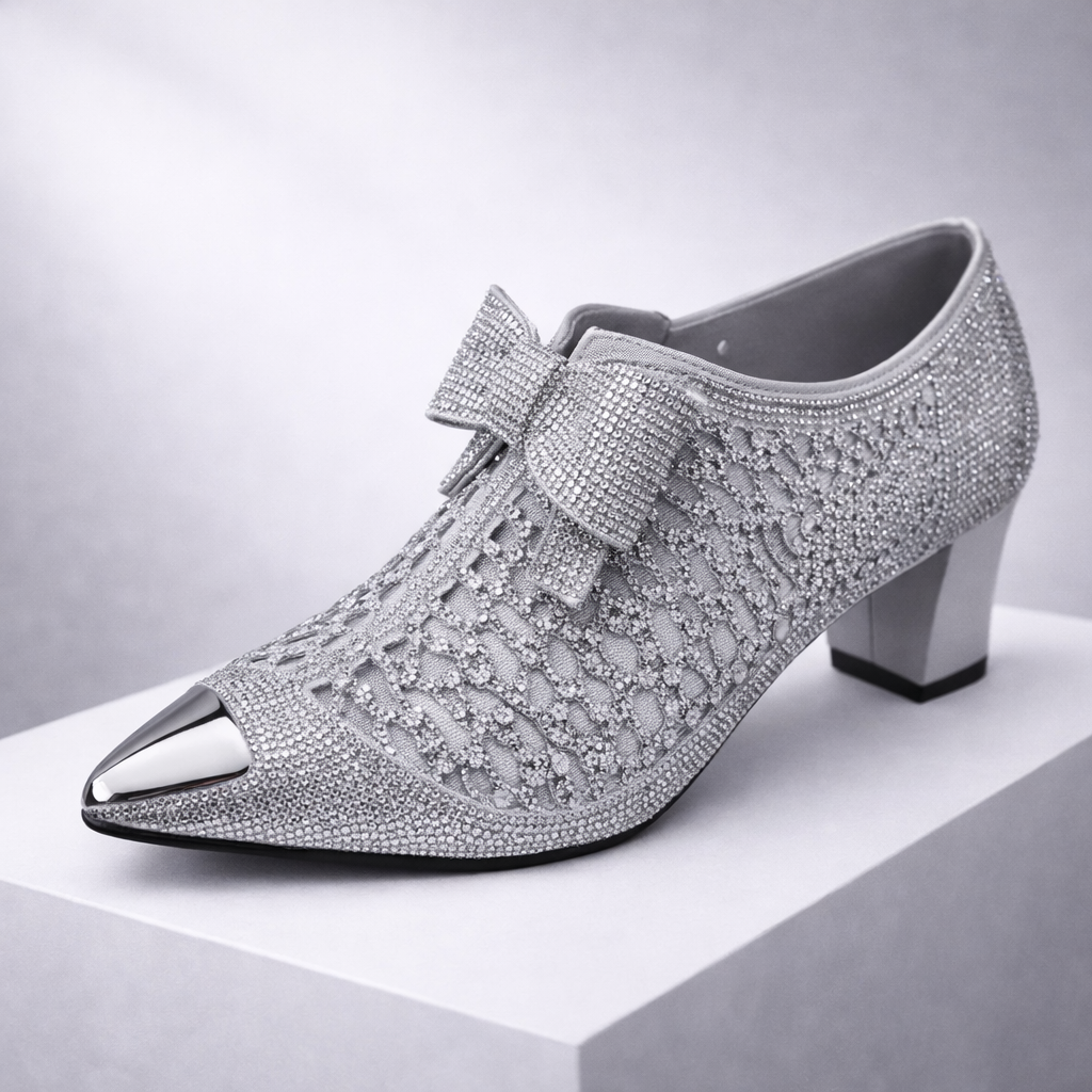 Silver rhinestone pointed-toe block heel shoes with bow embellishment for women, sparkly dress pumps