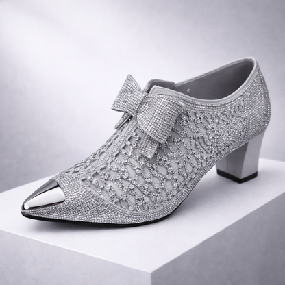 Silver rhinestone pointed-toe block heel shoes with bow embellishment for women, sparkly dress pumps
