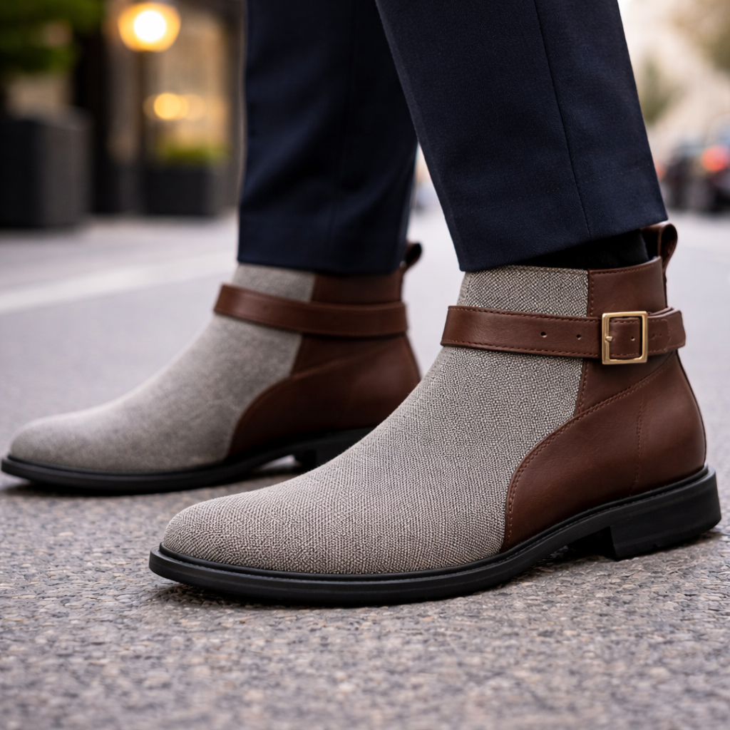 Men's two-tone Chelsea boots in gray fabric and brown leather with gold buckle strap, paired with navy trousers.