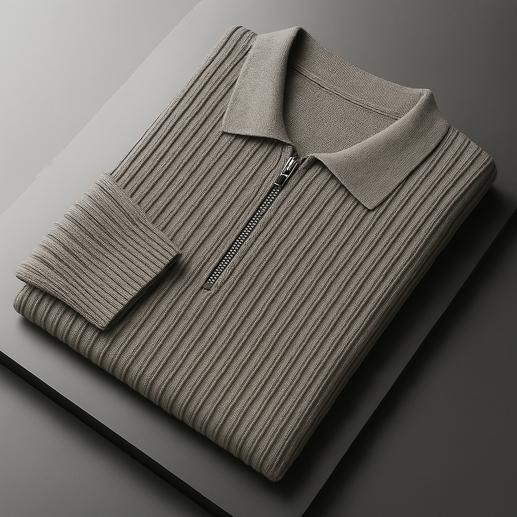 Folded men's taupe ribbed cotton quarter-zip sweater with polo collar and silver zipper on dark surface