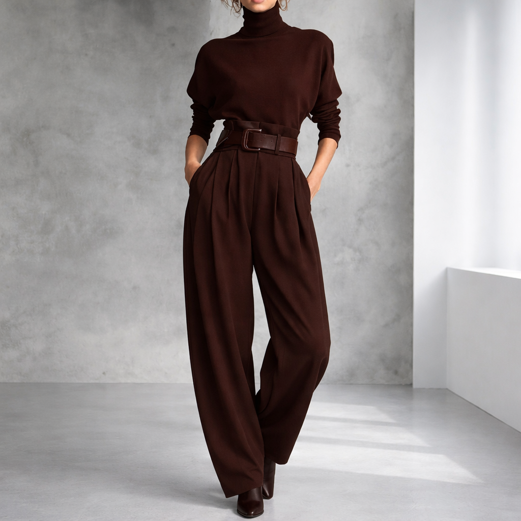 Women's chocolate brown turtleneck sweater and wide-leg pleated pants set with leather belt and heeled boots