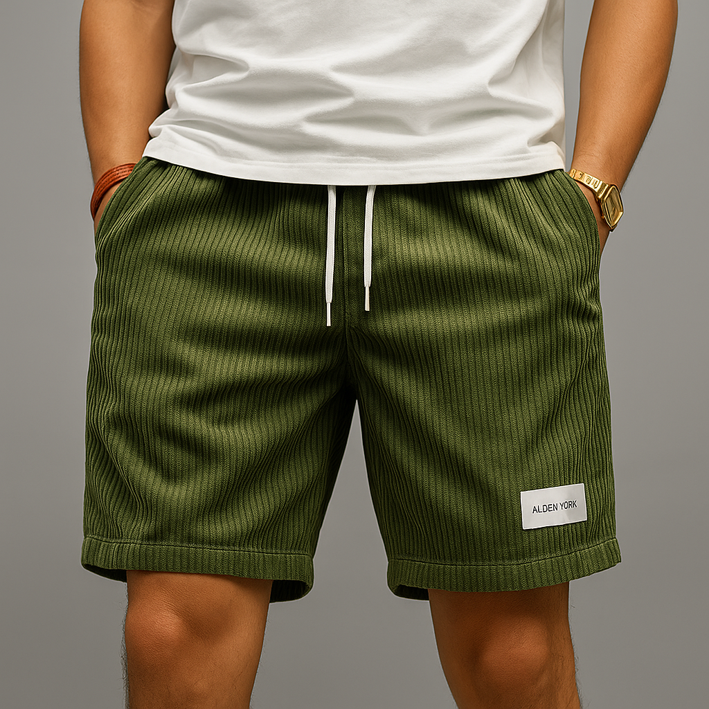 Men's olive green corduroy drawstring shorts with white lace, elastic waist, and Alden York label patch on leg.
