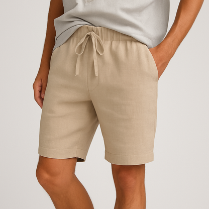 Men's beige linen drawstring shorts with elastic waistband and side pockets, casual summer wear