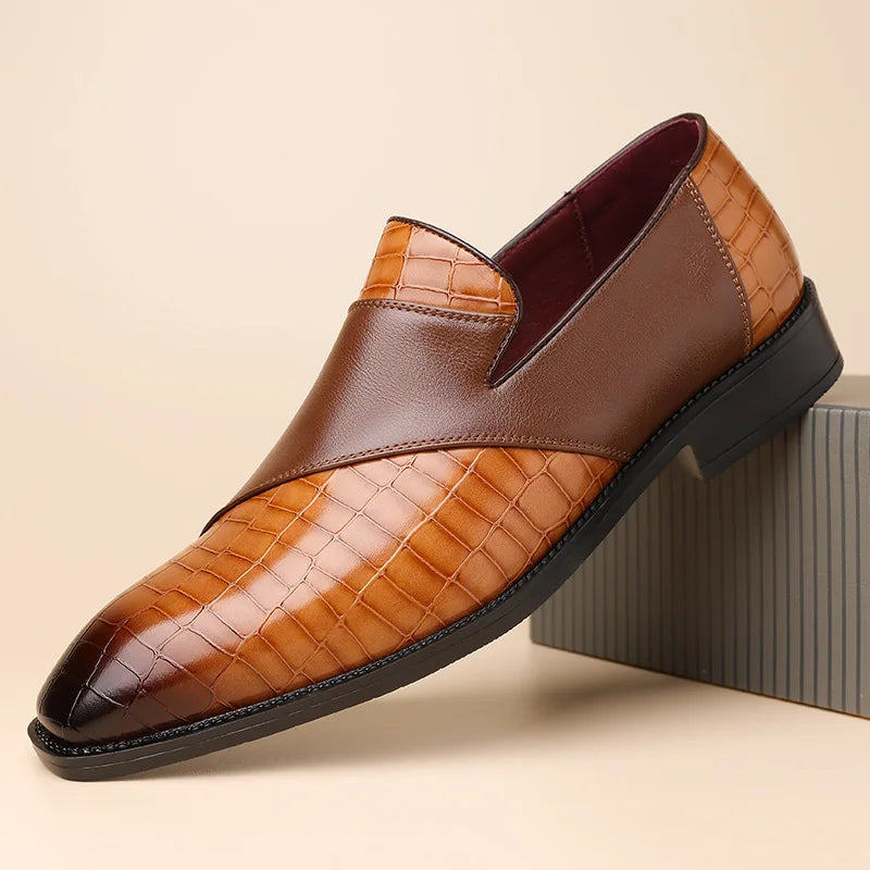 Men's brown leather slip-on loafers with croc-embossed texture and contrast smooth panels on black sole