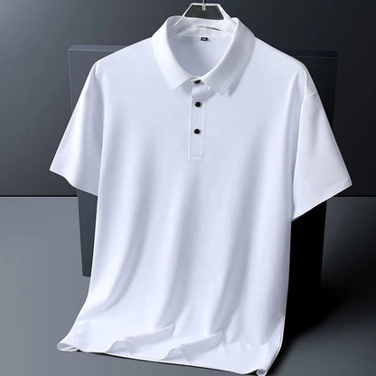 White men's short sleeve polo shirt with button placket and collared neckline, displayed on hanger against gray background.